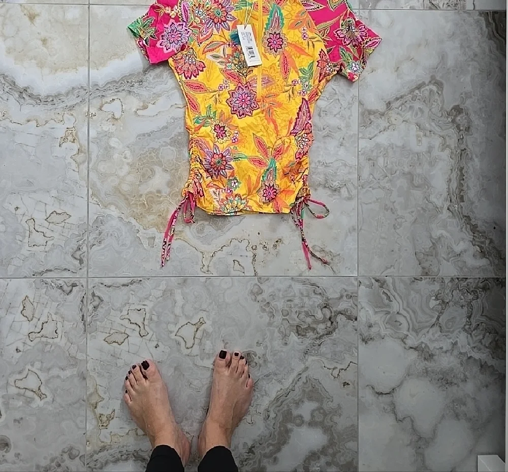 NWT Johnny Was Sunshine and Flamingo Drawstring Surf Shirt Multicolor Floral UV